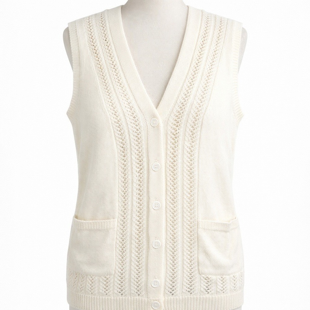 Cottagecore Pointelle Button Sweater Vest Size M Cream Pockets Old Money Coastal